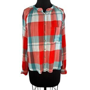 Anthropologie Pilcro Letterpress Red Green Plaid Button Up Long Sleeve Top XS